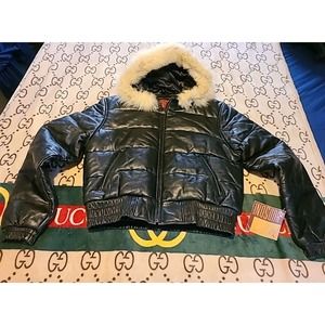 HUDSON OUTERWEAR REAL LEATHER BOMBER JACKET Black With Fur WOMENS NEW SIZE L